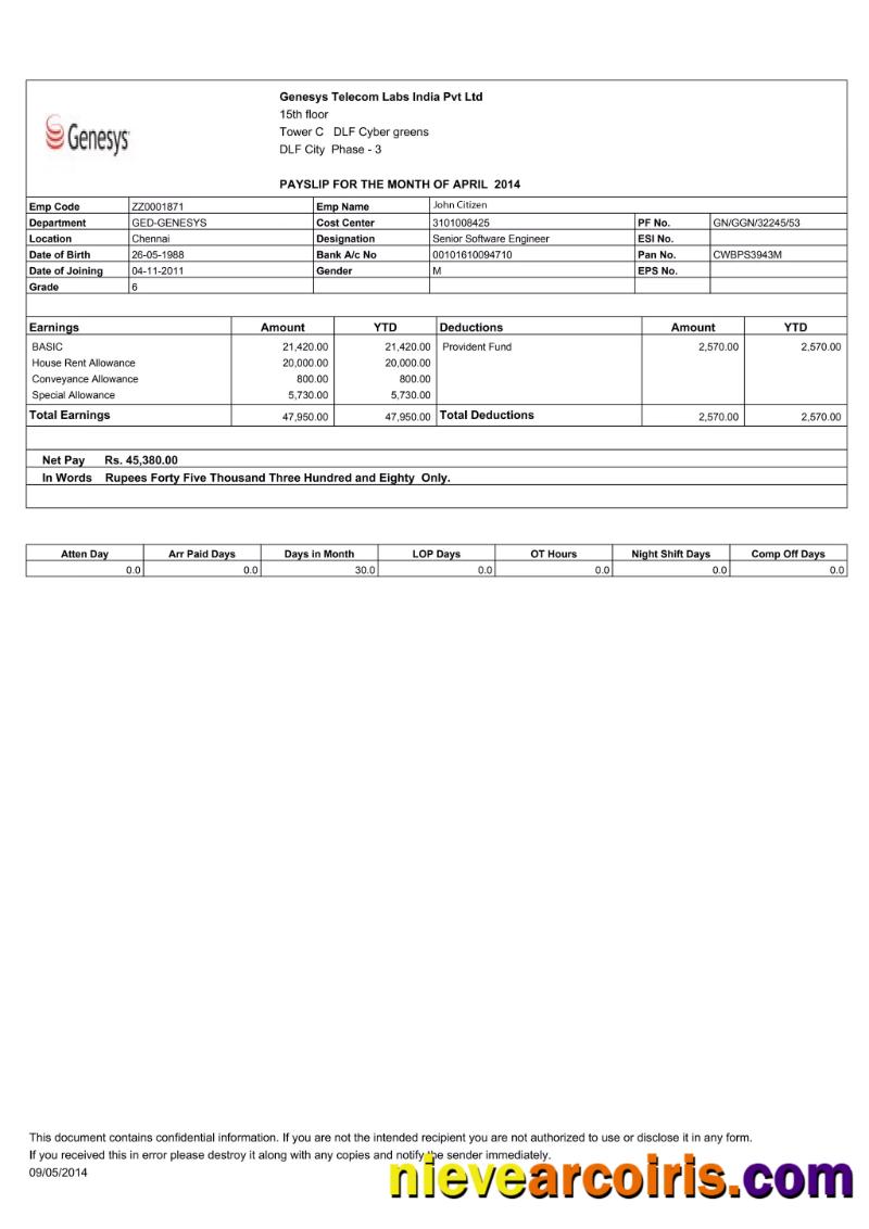 India GENESYS Telecom Labs India Pvt Ltd payslip
